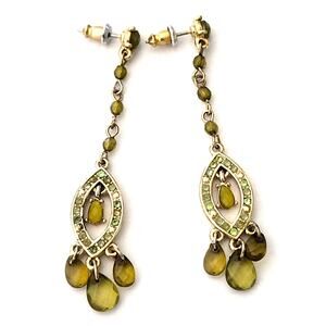 Signed Liz Claiborne Vintage Pierced Drop Dangle Earrings Green Gold Tone